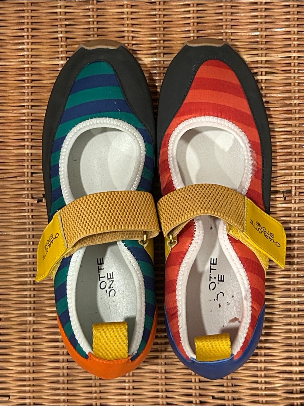 Charlotte Stone Two-Tone Stripe Mary Jane Shoes in Blue & Orange